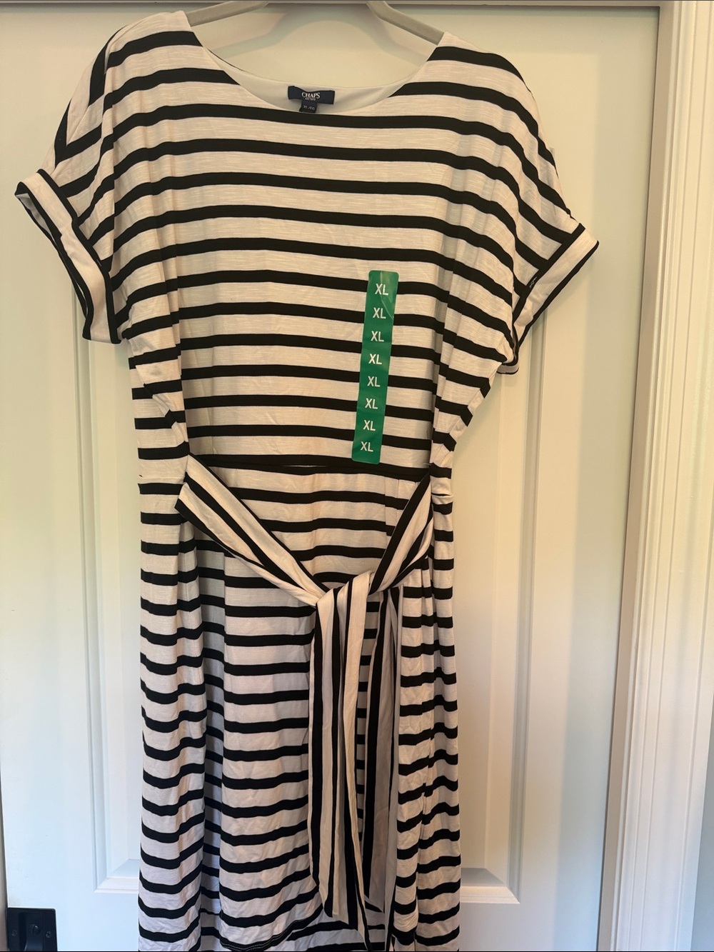 Chaps Black and White Striped Midi Dress with Tie Waist